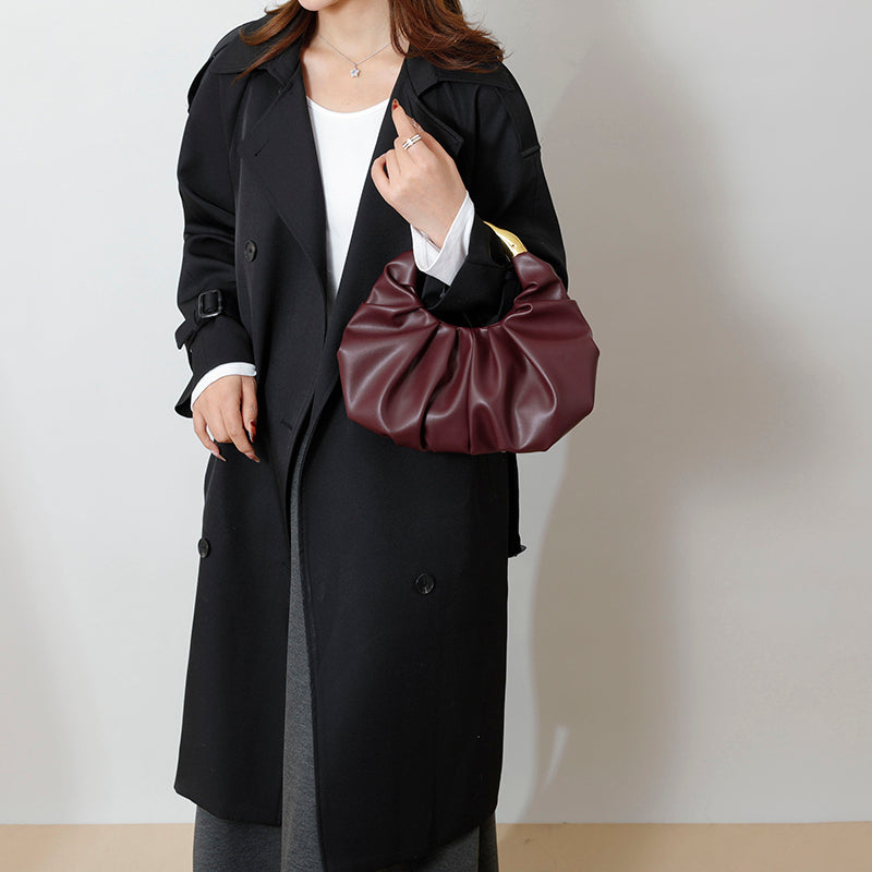 Women Ruched Cloud Hobo Handbag, Irregular Curved Gold Metal Ring Handle Soft Faux Leather Mini Shoulder Bag