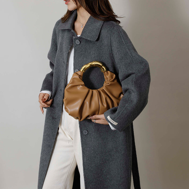 Women Ruched Cloud Hobo Handbag, Irregular Curved Gold Metal Ring Handle Soft Faux Leather Mini Shoulder Bag