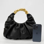 Women Ruched Cloud Hobo Handbag, Irregular Curved Gold Metal Ring Handle Soft Faux Leather Mini Shoulder Bag