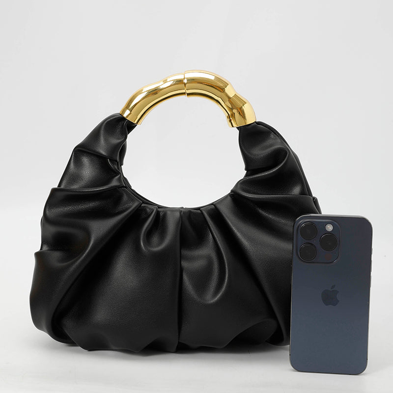 Women Ruched Cloud Hobo Handbag, Irregular Curved Gold Metal Ring Handle Soft Faux Leather Mini Shoulder Bag
