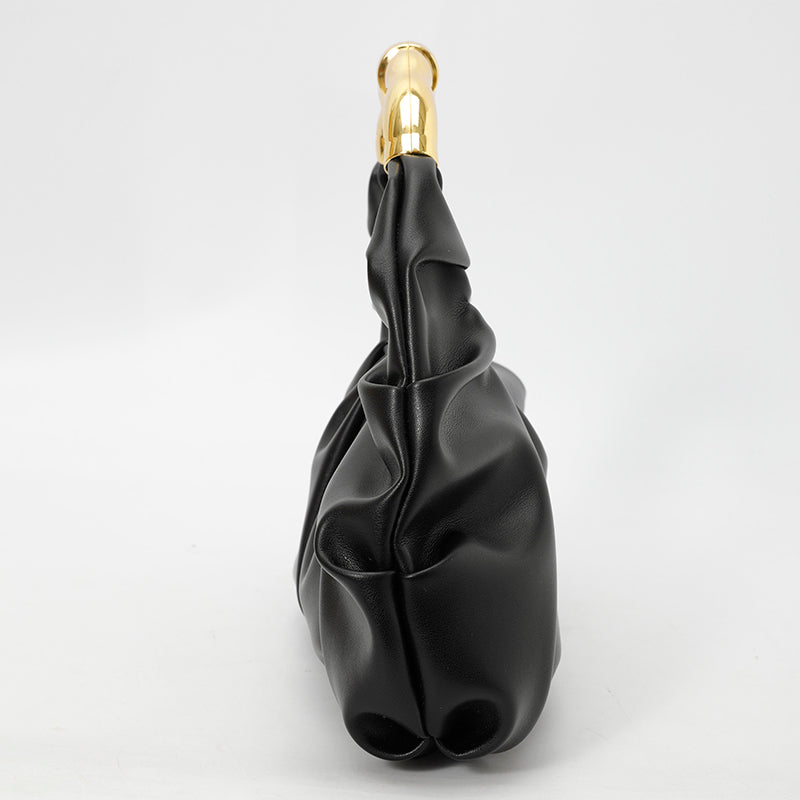 Women Ruched Cloud Hobo Handbag, Irregular Curved Gold Metal Ring Handle Soft Faux Leather Mini Shoulder Bag