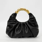 Women Ruched Cloud Hobo Handbag, Irregular Curved Gold Metal Ring Handle Soft Faux Leather Mini Shoulder Bag