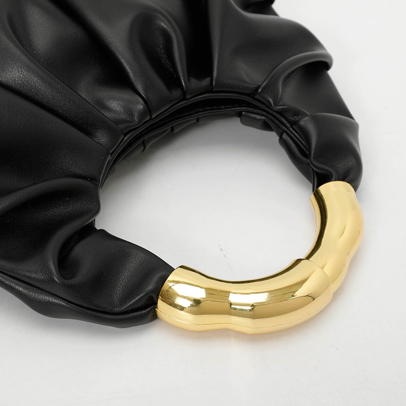 Women Ruched Cloud Hobo Handbag, Irregular Curved Gold Metal Ring Handle Soft Faux Leather Mini Shoulder Bag