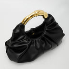 Women Ruched Cloud Hobo Handbag, Irregular Curved Gold Metal Ring Handle Soft Faux Leather Mini Shoulder Bag