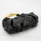 Women Ruched Cloud Hobo Handbag, Irregular Curved Gold Metal Ring Handle Soft Faux Leather Mini Shoulder Bag