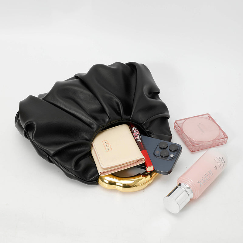 Women Ruched Cloud Hobo Handbag, Irregular Curved Gold Metal Ring Handle Soft Faux Leather Mini Shoulder Bag