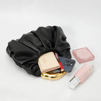 Women Ruched Cloud Hobo Handbag, Irregular Curved Gold Metal Ring Handle Soft Faux Leather Mini Shoulder Bag