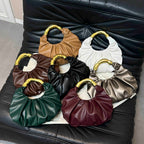 Women Ruched Cloud Hobo Handbag, Irregular Curved Gold Metal Ring Handle Soft Faux Leather Mini Shoulder Bag
