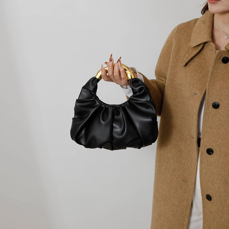 Women Ruched Cloud Hobo Handbag, Irregular Curved Gold Metal Ring Handle Soft Faux Leather Mini Shoulder Bag