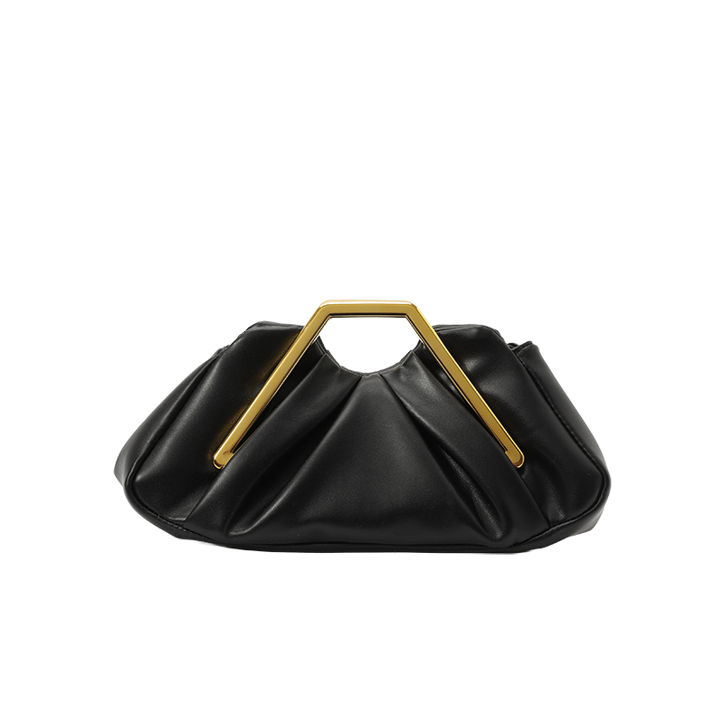 Women Ruched Faux Leather Clutch Bag, Geometric Gold Metal Frame Handle Evening Handbag