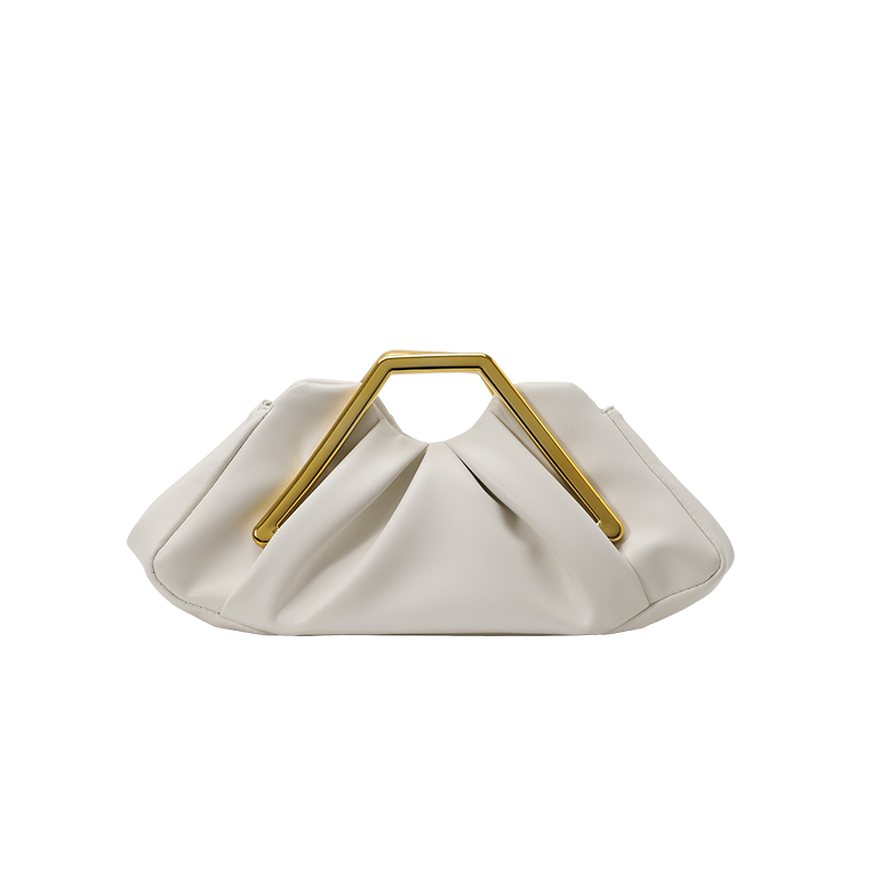 Women Ruched Faux Leather Clutch Bag, Geometric Gold Metal Frame Handle Evening Handbag