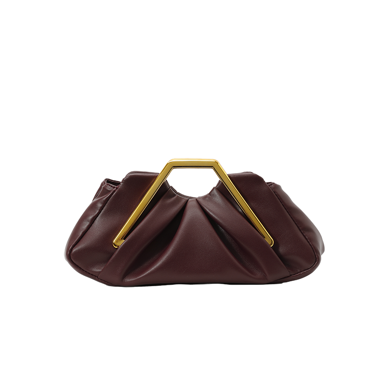 Women Ruched Faux Leather Clutch Bag, Geometric Gold Metal Frame Handle Evening Handbag