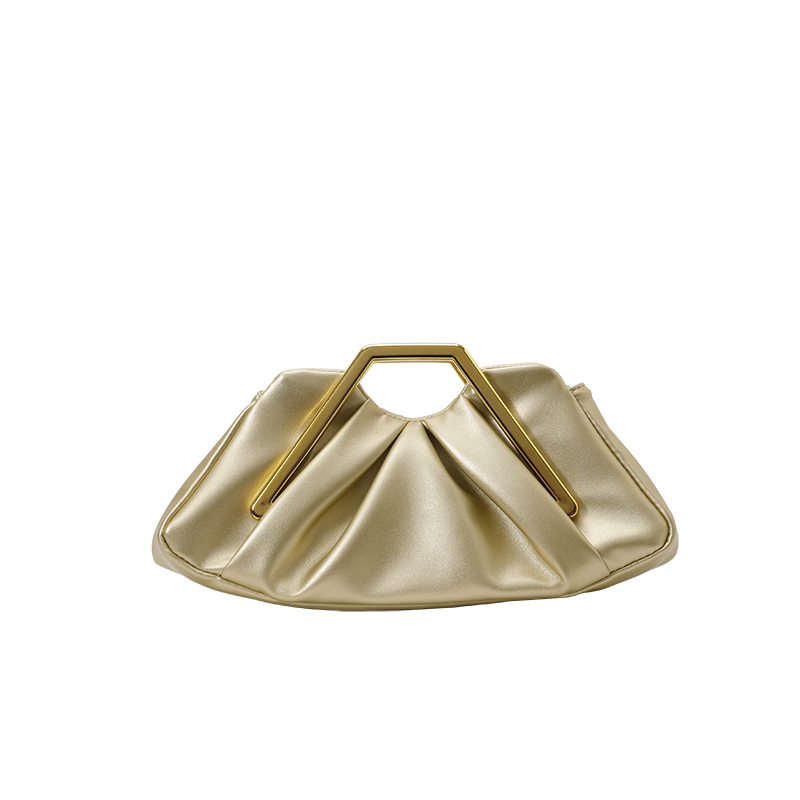 Women Ruched Faux Leather Clutch Bag, Geometric Gold Metal Frame Handle Evening Handbag