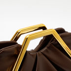 Women Ruched Faux Leather Clutch Bag, Geometric Gold Metal Frame Handle Evening Handbag