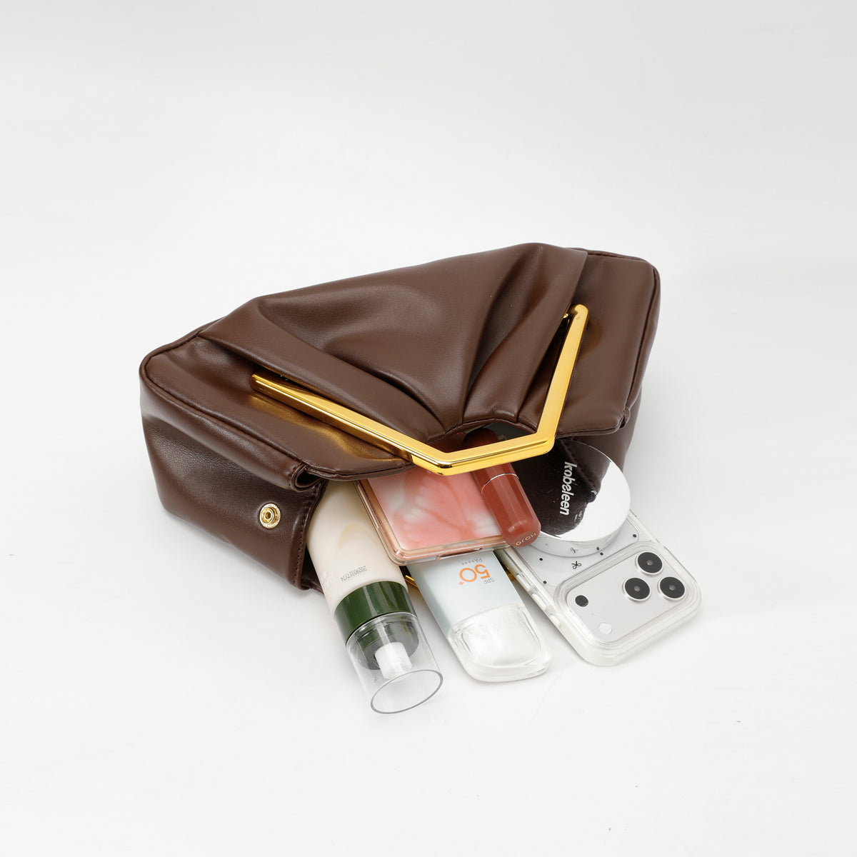 Women Ruched Faux Leather Clutch Bag, Geometric Gold Metal Frame Handle Evening Handbag