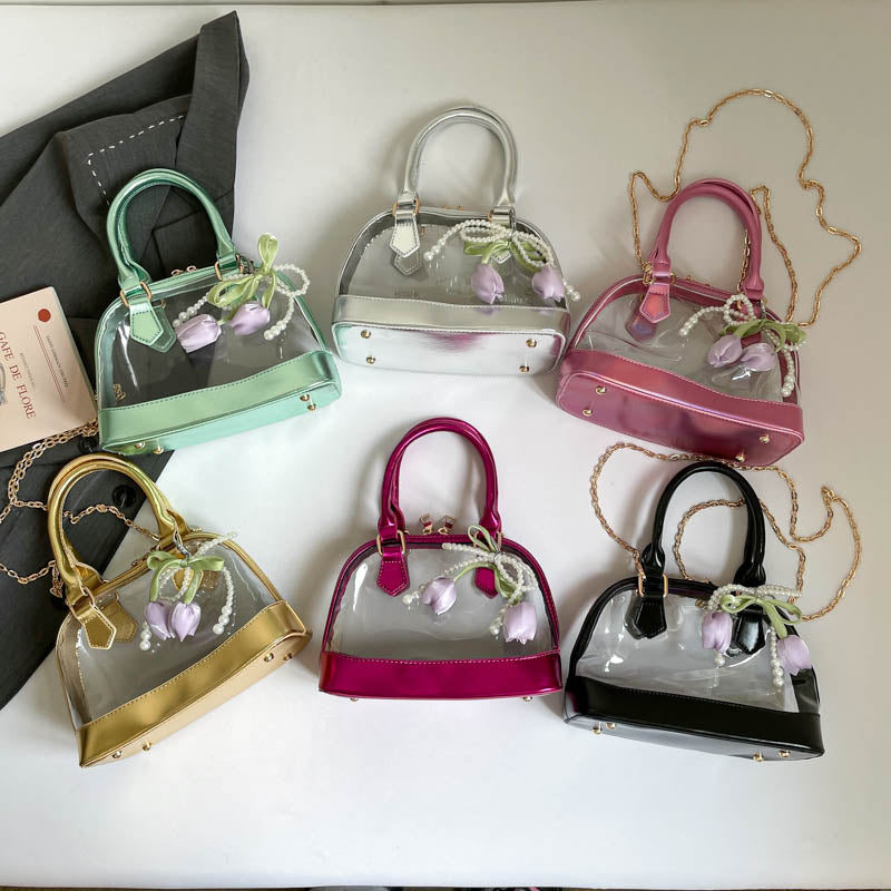 Metallic Gold Trim Clear Mini Dome Handbag, Transparent PVC Chain Crossbody Bag, Women Trendy Top Handle Purse