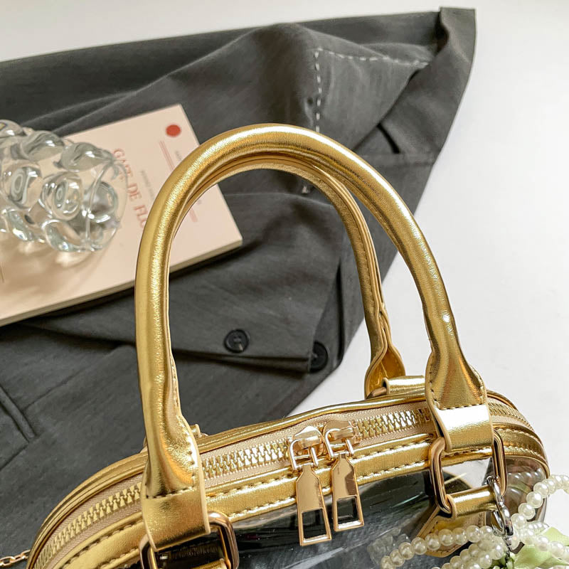 Metallic Gold Trim Clear Mini Dome Handbag, Transparent PVC Chain Crossbody Bag, Women Trendy Top Handle Purse