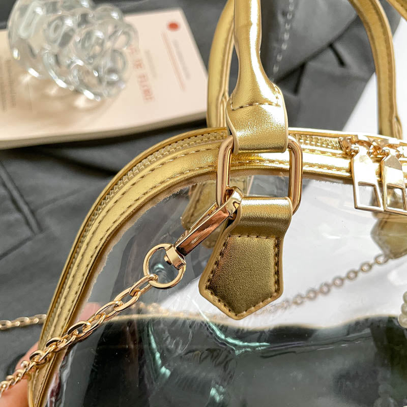 Metallic Gold Trim Clear Mini Dome Handbag, Transparent PVC Chain Crossbody Bag, Women Trendy Top Handle Purse