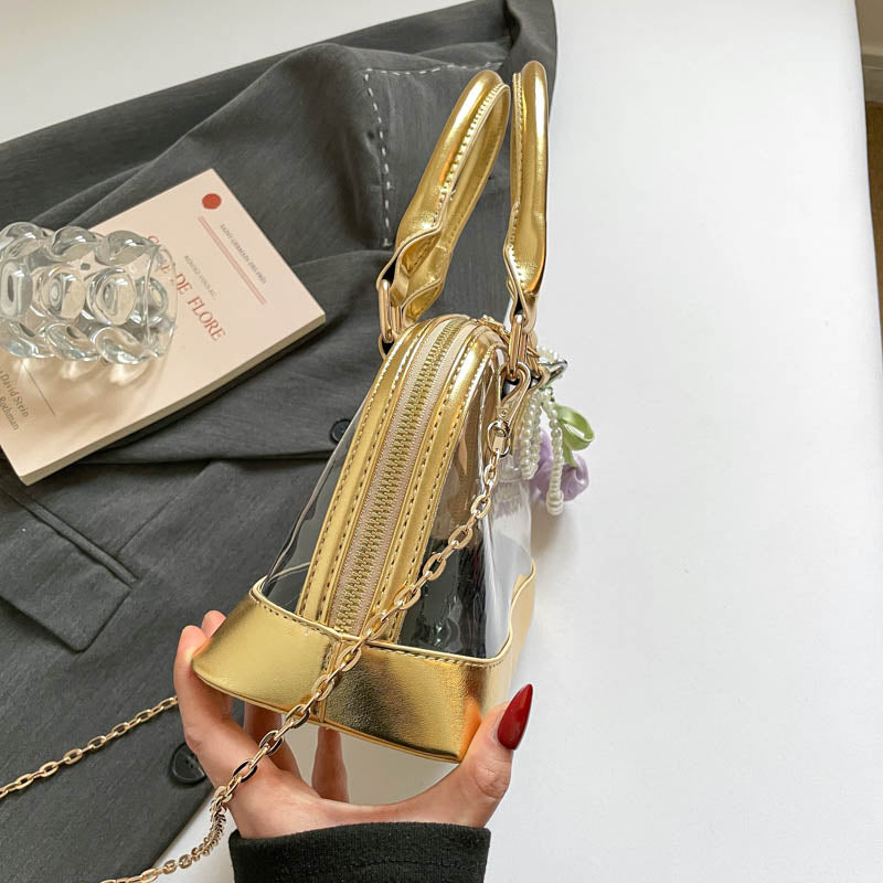 Metallic Gold Trim Clear Mini Dome Handbag, Transparent PVC Chain Crossbody Bag, Women Trendy Top Handle Purse