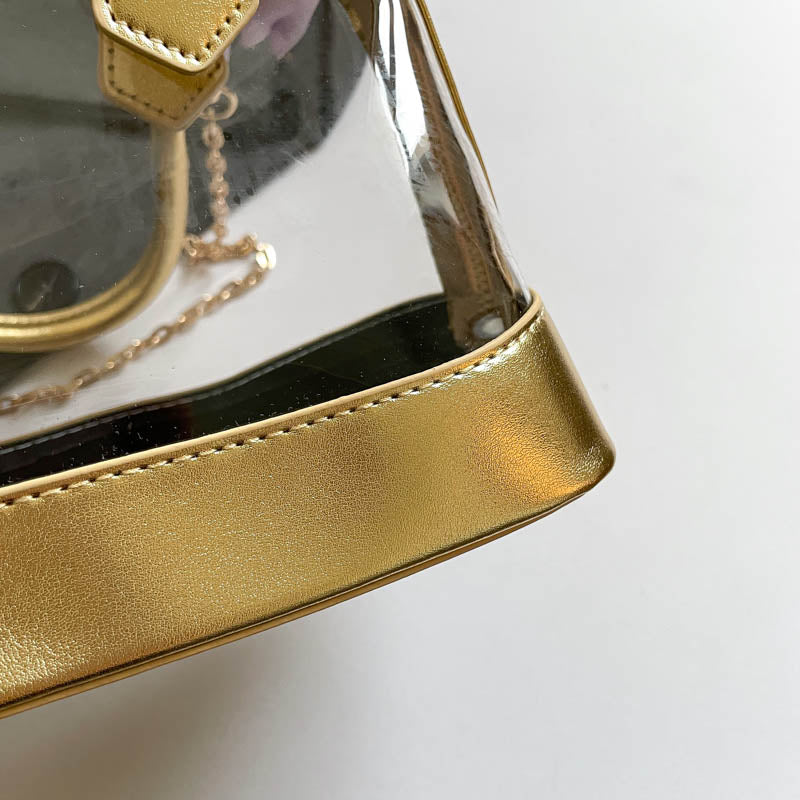 Metallic Gold Trim Clear Mini Dome Handbag, Transparent PVC Chain Crossbody Bag, Women Trendy Top Handle Purse