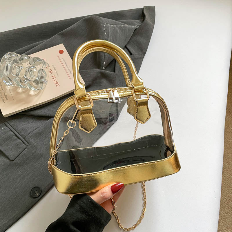 Metallic Gold Trim Clear Mini Dome Handbag, Transparent PVC Chain Crossbody Bag, Women Trendy Top Handle Purse