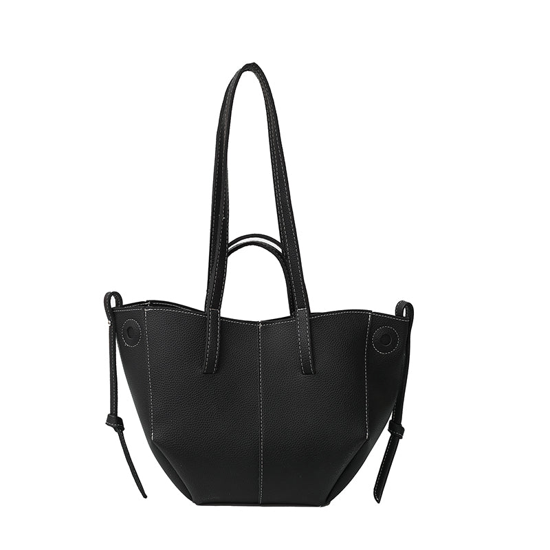 Women Drawstring Side Tote Bag, Contrast Stitch Soft Faux Leather Large Capacity Commute Shoulder Bag