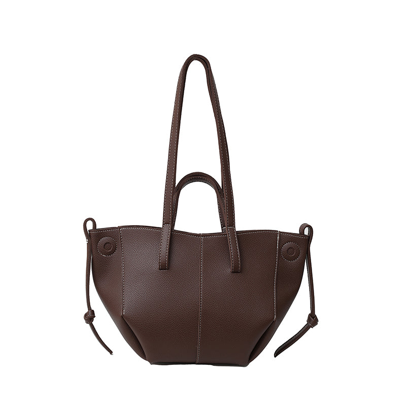 Women Drawstring Side Tote Bag, Contrast Stitch Soft Faux Leather Large Capacity Commute Shoulder Bag