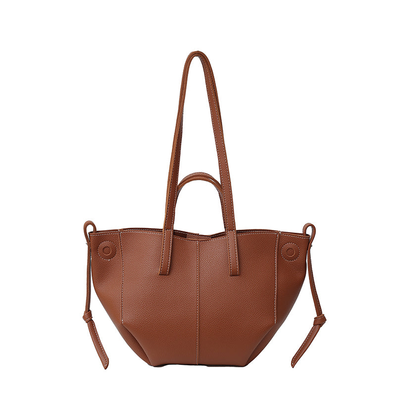 Women Drawstring Side Tote Bag, Contrast Stitch Soft Faux Leather Large Capacity Commute Shoulder Bag