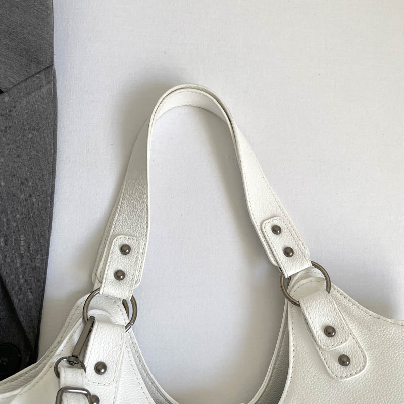 White Y2K Multi-Pocket Hobo Shoulder Bag, Large Capacity Utility Buckle Tote Bag for Women, Casual Daily Crossbody Handbag