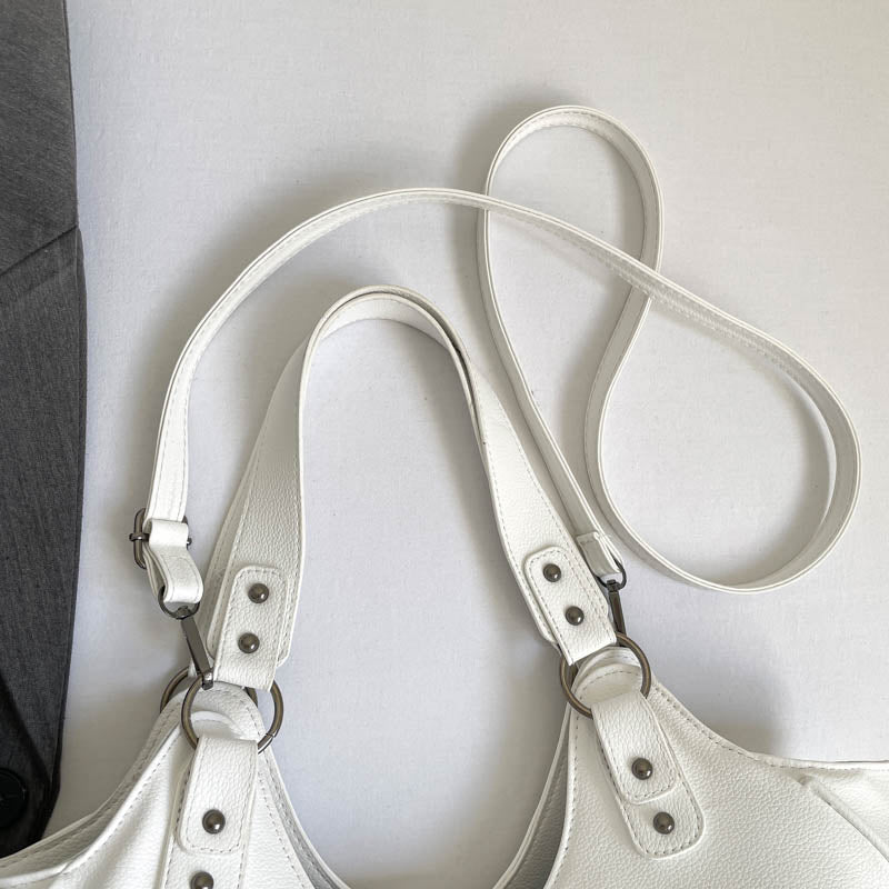 White Y2K Multi-Pocket Hobo Shoulder Bag, Large Capacity Utility Buckle Tote Bag for Women, Casual Daily Crossbody Handbag