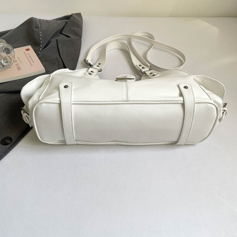 White Y2K Multi-Pocket Hobo Shoulder Bag, Large Capacity Utility Buckle Tote Bag for Women, Casual Daily Crossbody Handbag