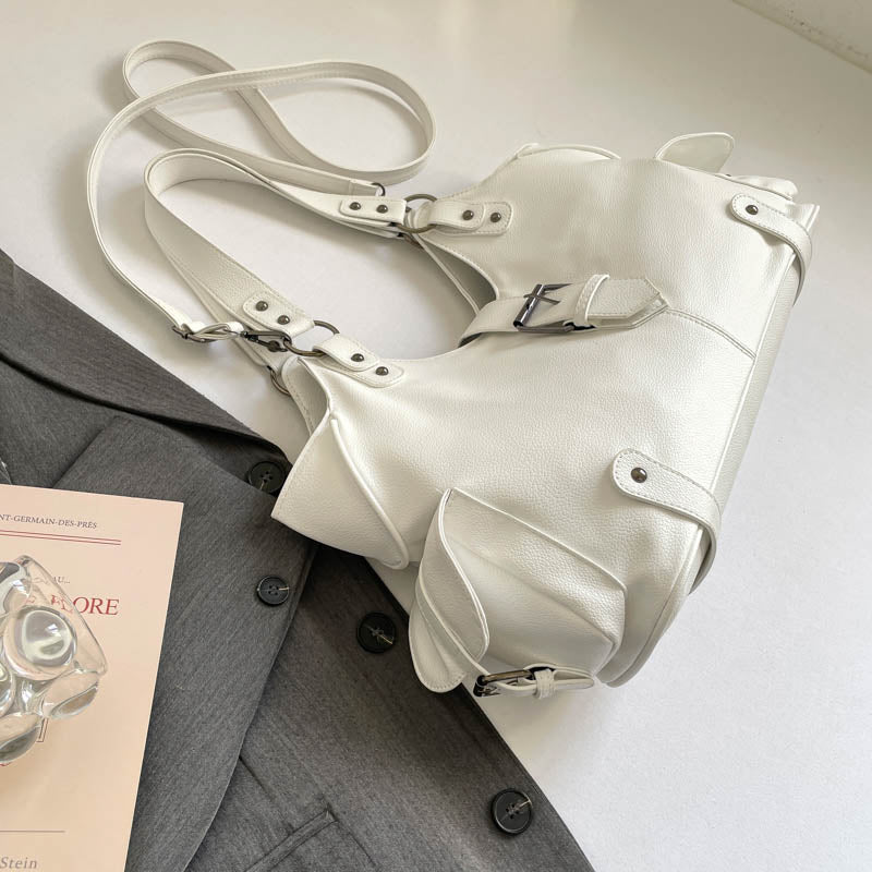 White Y2K Multi-Pocket Hobo Shoulder Bag, Large Capacity Utility Buckle Tote Bag for Women, Casual Daily Crossbody Handbag