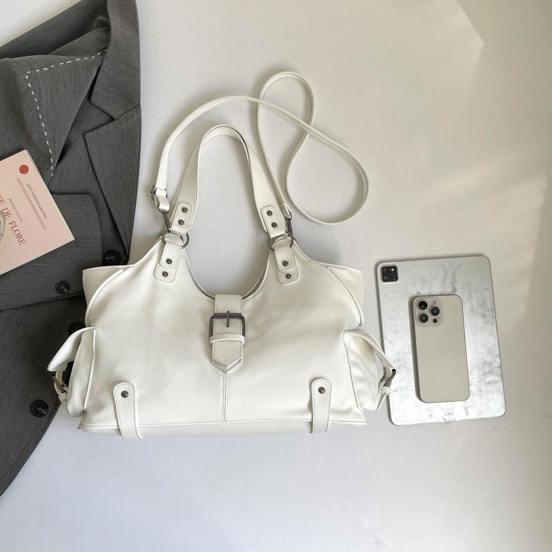 White Y2K Multi-Pocket Hobo Shoulder Bag, Large Capacity Utility Buckle Tote Bag for Women, Casual Daily Crossbody Handbag
