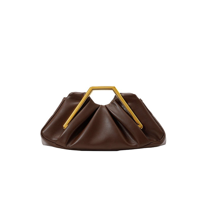 Women Ruched Faux Leather Clutch Bag, Geometric Gold Metal Frame Handle Evening Handbag